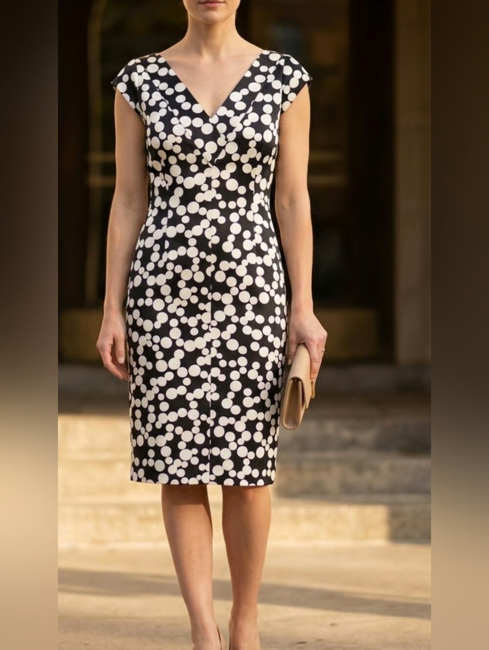 Maggy London Black and White Polka Dot Midi Sheath Dress